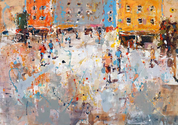 Andrew Hood semi-abstracted landscape in splatter style paint marks of Cote D'Azur in French Riviera