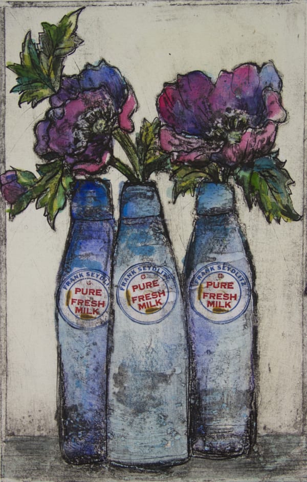 Vicky Oldfield print of a few stems of violet anemones placed in three narrow, blue bottles with old-fashioned labels on them.