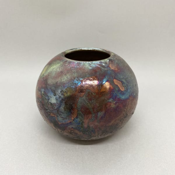 Katie Coston of Illyria Pottery raku fired round vase