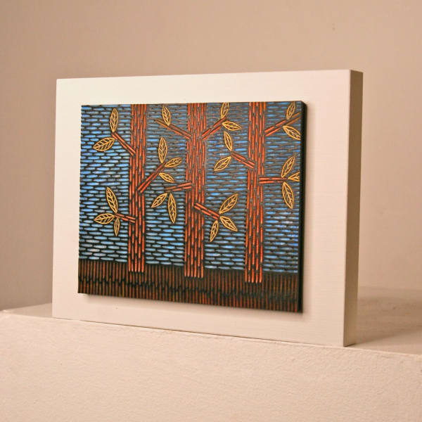 Janine Partington wooden panel with Carved leather design of three trees