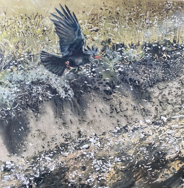 James Fotheringhame painting of a Chough, in flight over muddy marsh banks