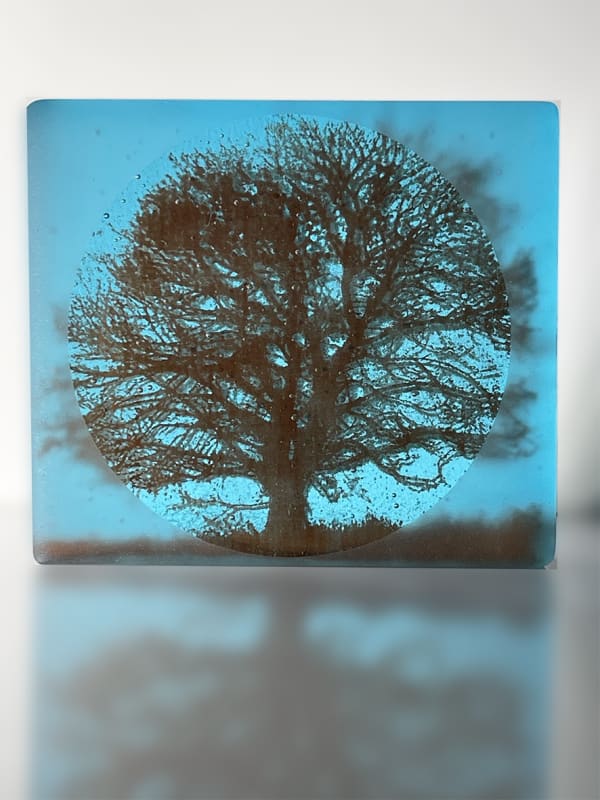 Helen Slater frosted turquoise glass block and sepia drawing cast in centre.
