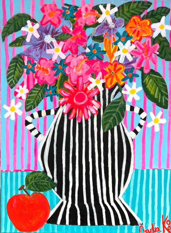 Nadia Koo painting on canvas of an array of exuberant flowers in a black and white striped vase, with a red apple sat besides it. the background is pink and blue striped