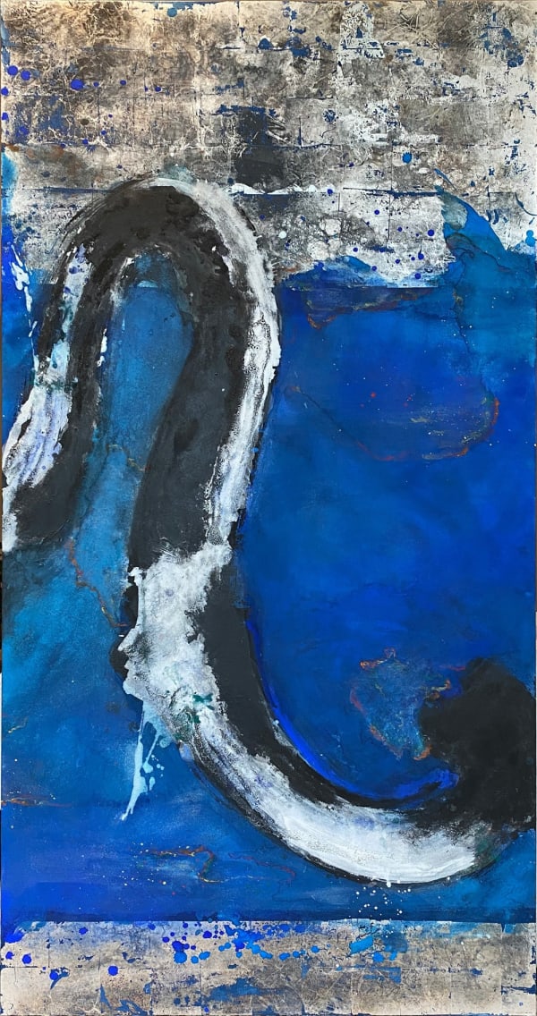 Natalie Moisy Mineral Pigments & Sliver Leaf on Japanese Paper Mounted onto Panel showing an abstract image showing curved paint strokes in deep and pale blues and silver leaf.