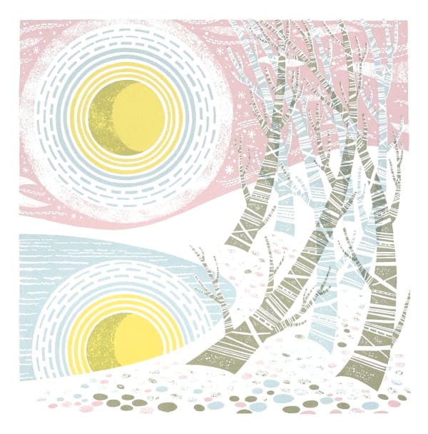 Angie Lewin screenprint of a hunters moon hovering low over a lake with winter beech trees on the right in pale pastel colours
