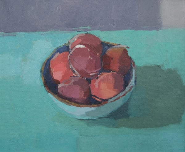 Sarah Spackman still life of a bowl of pinky red apricots on a jade green and grey background