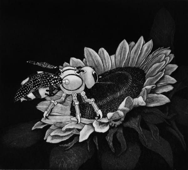 Ade Adesina small print in black and white of a sunflower, on top of which is a robot like bee.