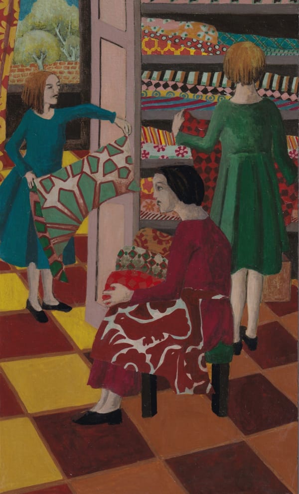 A painting by Kate Montgomery of a domestic scene of a woman seated and two girls viewing fabrics with colourful patterns. A window can be seen on the left in the background through which trees are visible.