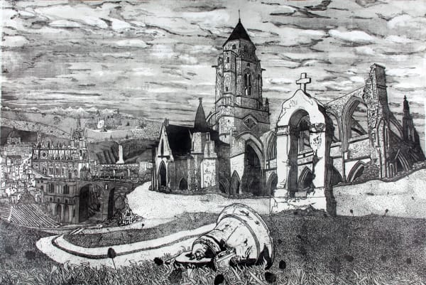 Ade Adesina print in black and white showing the ruin of a church, a broken bell in the foreground. In the distance, a town with spires seen above.