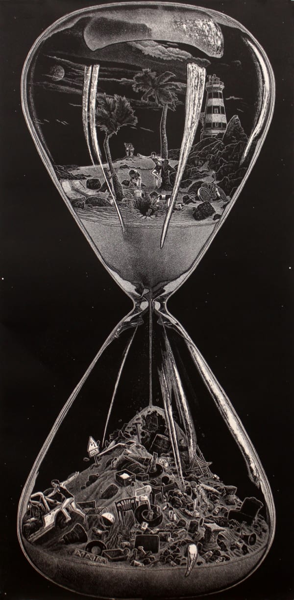 Ade Adesina large print in black and white of a gigantic hourglass, children playing on a beach at the top and a similar scene at the bottom but filled with rubbish.
