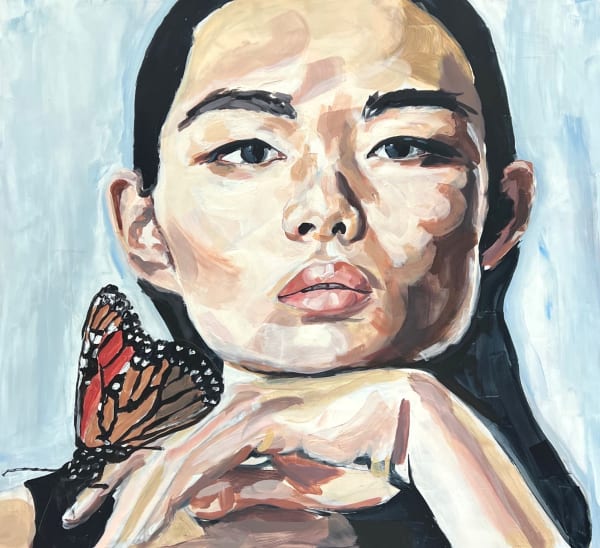 Veronica Wells painting of a lady with her head resting on her hand as well as a butterfly. She has long dark hair and dark milky grey eyes, against a sky blue background.