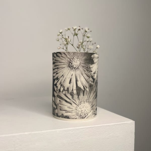 Heidi Harrington ceramic vase with black and white image transfer of ice plants