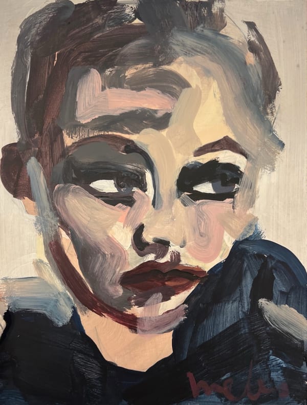 Veronica Wells portrait of a close up face look down tot he right, painted in neutral tones and bold brushstrokes
