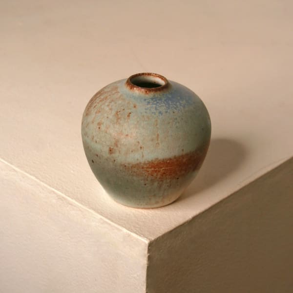 Atilla Olah ceramic mini bowl in a variety of blue, green, grey and copper glaze colours