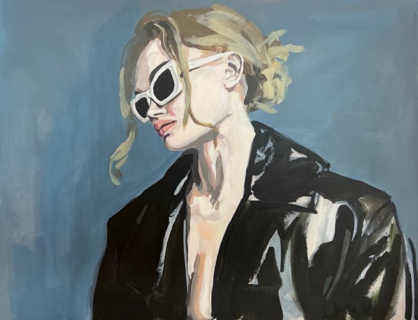 Veronica Wells portrait painting of a female figure looking towards the left with tied back mousey brown hair, white sunglasses and a leather jacket on