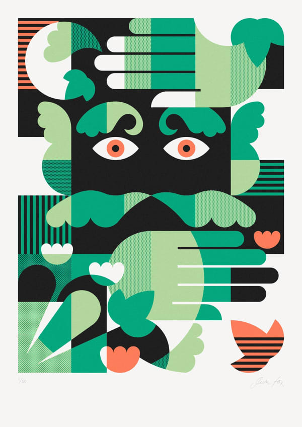 Jim Fox silkscreen print of green man, with abstracted shapes in green, orange and black