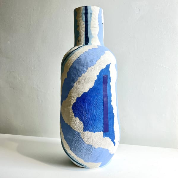 Eddie Knevett ceramic vessel designed with shaped in shades of blue