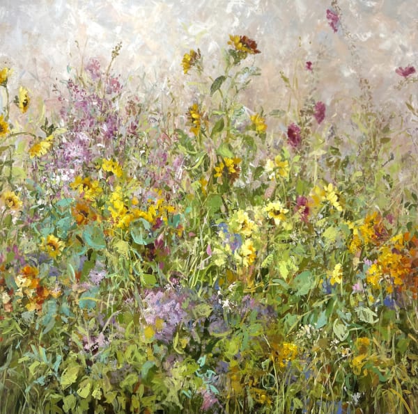 Fletcher Prentice oil on canvas painting of an abundance of wild flowers, intertwingin with one another against a sky blue background