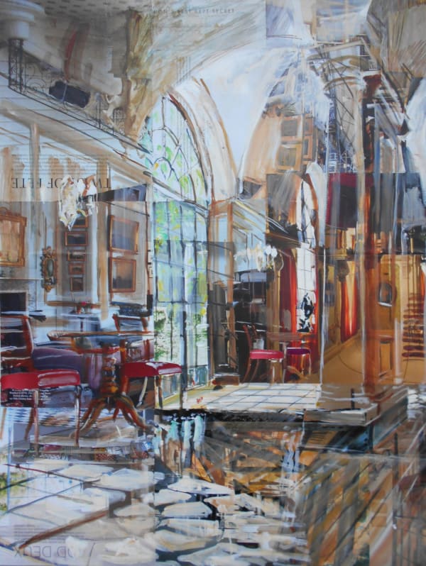 Alison Pullen collage painting of a reception room, arched windows are supported by dramatic stone columns, light streams in, leaving patterns from the windows on the floor, tables with red covered chairs are situated on the left.