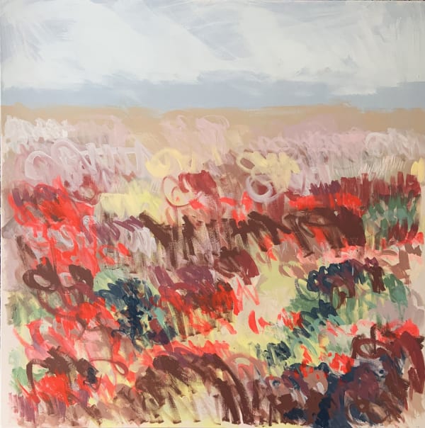 Claire Oxley oil on canvas painting of a beach view with a variety of plants in vivid reds, maroon0, dusky pinks and sand. Using a rhythmic mark making stroke style, Claire creates a semi abstract beachscape.