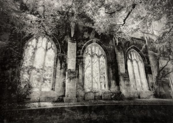 Lindsey Moran photogravure monochrome print of the window exterior of a gothic building