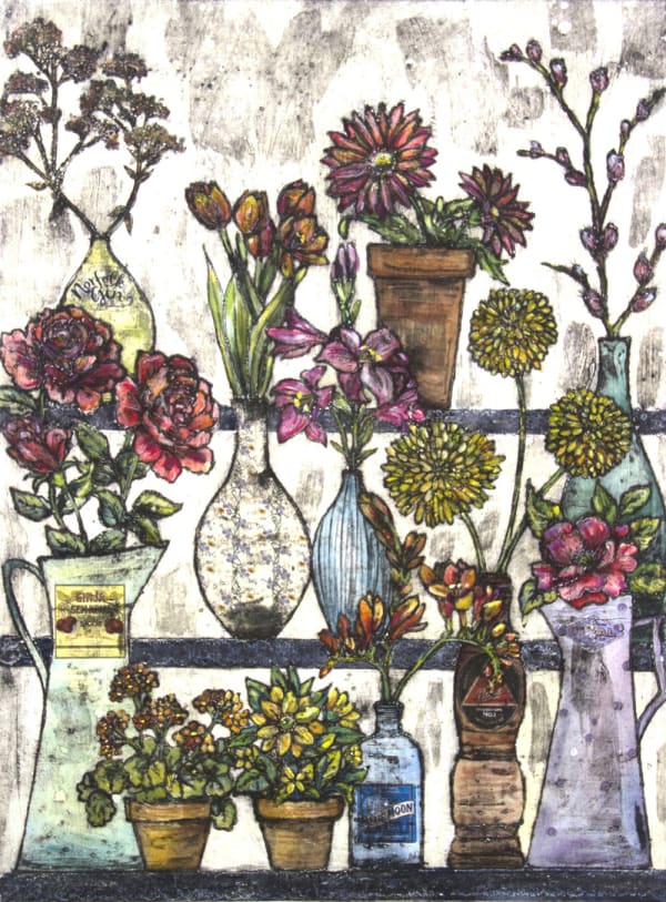 Vicky Oldfield colourful print of a display of pink and yellow flowers in terracotta pots and vases, arranged on three shelves.