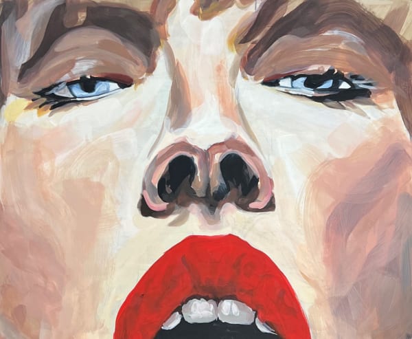 Veronica Wells painting of a close up shot of a womans face - her eyes are a piercing light blue and lips are bright red. Her mouth slightly open. showing the tips of her front teeth.