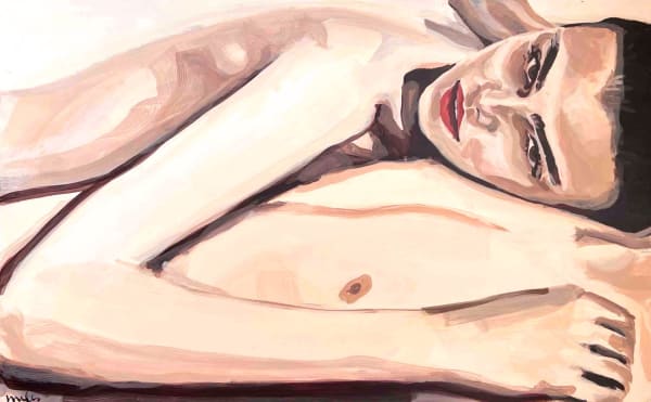 Veronica Wells painting of a women with dark hair looking at the viewer, laying on someone's chest