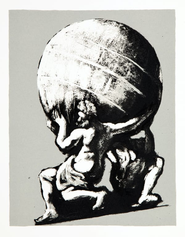 Mychael Barratt black, white and grey print of Atlas, the Greek god of astronomy, holding a giant globe above him resting on his front.
