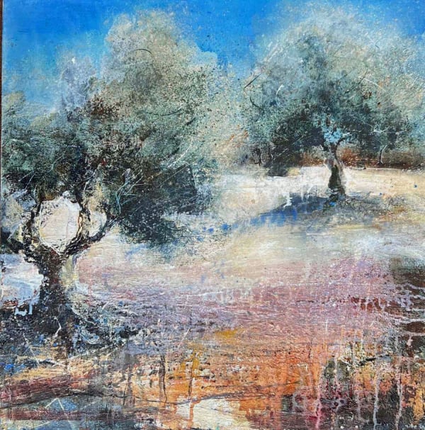 Bee Bartlett mixed media on canvas painting of an olive grove with two olive trees dominating the view, painted in deep forest green and brown tones. The floor contrasts in colours pink, cream and orange and the sky azure blue.