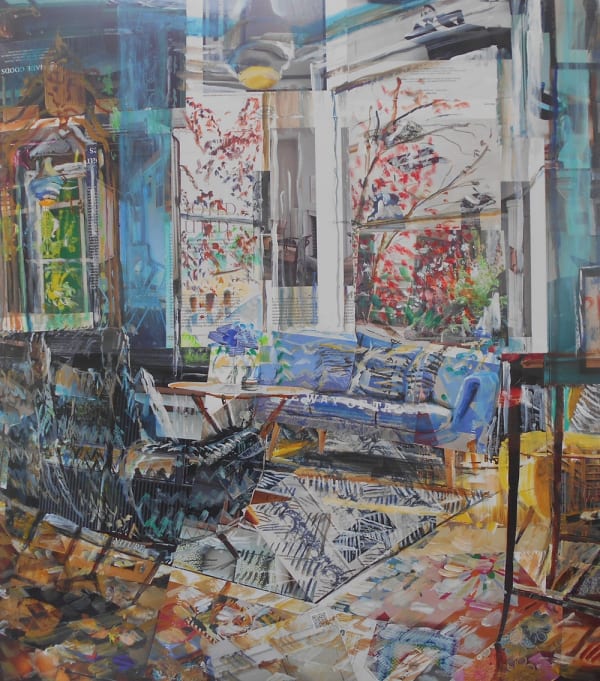 Alison Pullen collage of a semi-abstract view of an interior in teal and warm golds and reds, a sofa placed before a large window, a tree with pink blossom outside.
