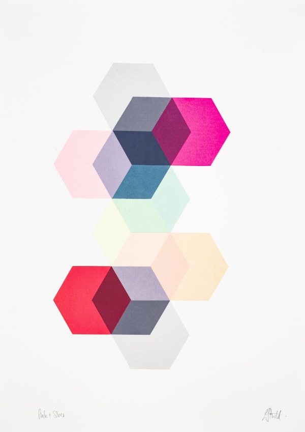 Emma Studd print exploring the relationship between translucent colour and the hexagon - a path of hexagons overlap one another creating new colours and forms from the shape. Colours include pinks, greens, reds, deep purples and greys.
