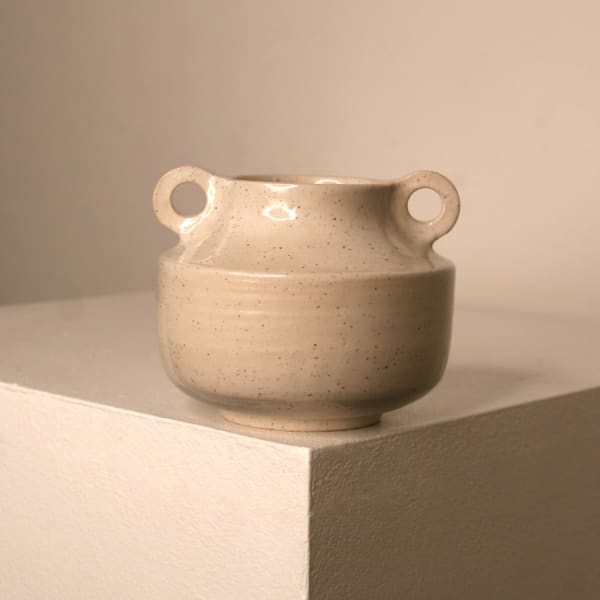 Lucy Physick stoneware ceramic urn shaped vase with circular handles in a spekcled white glaze