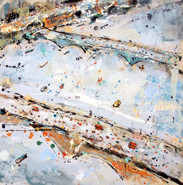 Andrew Hood semi-abstracted landscape in splatter style paint marks overlooking the London Thames & bridge