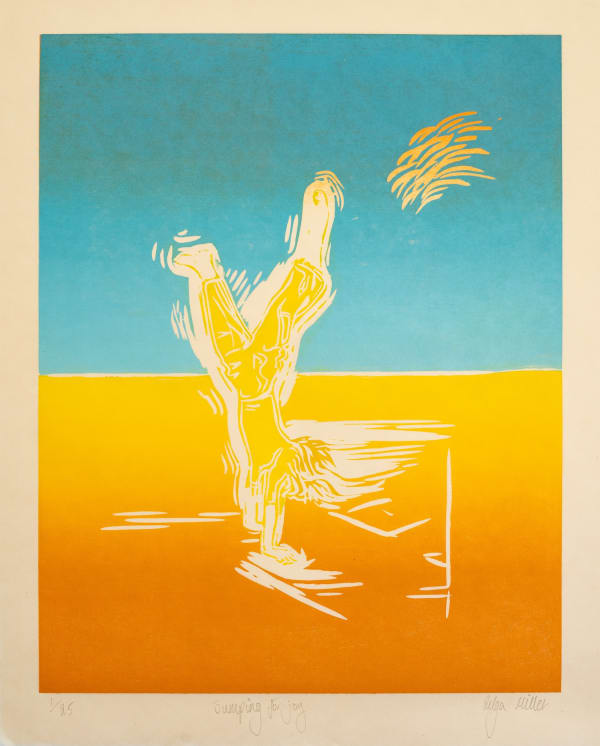 Zelga Simone Miller woodcut in a two town colour format - the top ombre aqua blue and bottom ombre yellow & orange. In the centre, a female figure is doing a cartwheel.