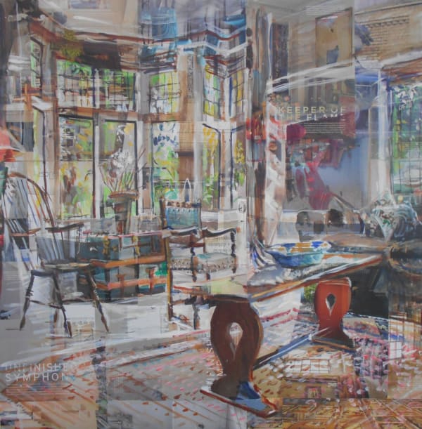 Alison Pullen collage painting of a room, large bay window, dark wooden chairs, a multi-coloured rug on the floor, a wooden coffee table with a blue patterned bowl containing oranges in the foreground.