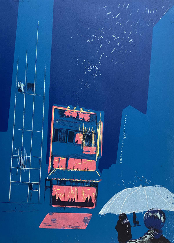 Anna Marrow screenprint in deep blues of penthouse buildings lit up in pink, a figure under an umbrella watching them.