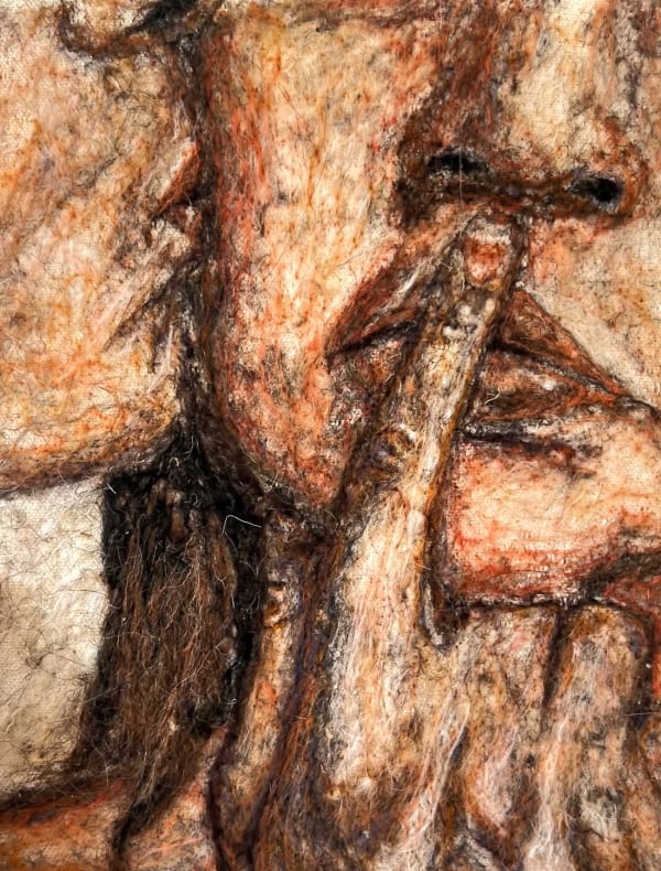 Erin Rosalie Thomas felt needled wool on canvas peice of two faces from the nose down, one kissing the other on the cheek while placing one finger over their lips