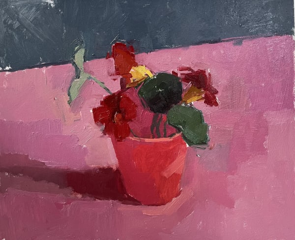 Sarah Spackman painting on board of potted pink nasturtiums against a pink and grey background