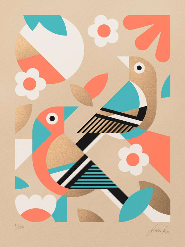 Jim Fox silkscreen print of two chaffinches of beige paper, with abstracted shapes in coral, blue and black