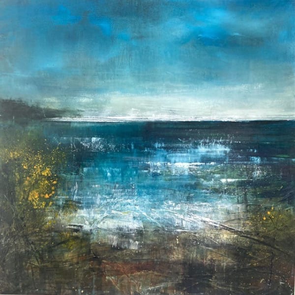 Bee Bartlett painting of a semi-abstracted seascape in an array of blues, greys and whites