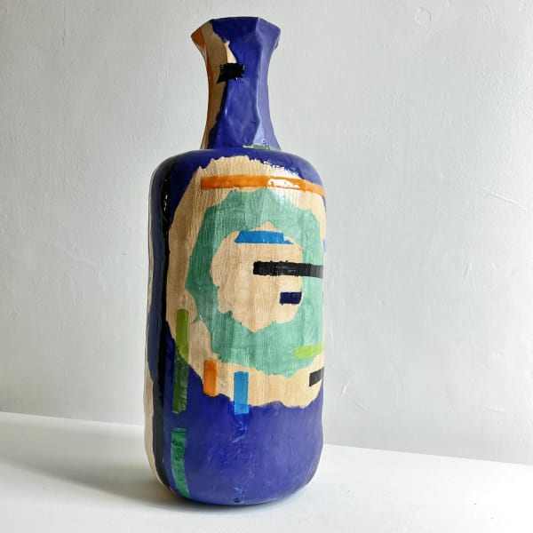 Eddie Knevett ceramic vessel designed with shaped in colours blue, mint, yellow and orange