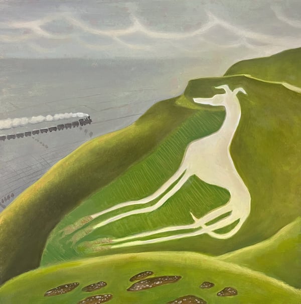 Mychael Barratt oil on panel painting paying tribute to Eric Ravilious's 'White Horse and Train' painting. Instead of a horse, a whippet shaped dog is marked in chalk upon the hill.