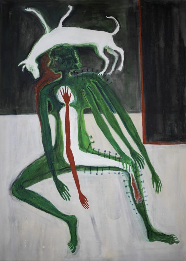 Rebecca Swainston painting of a green figure sat on the floor with 4 arms, 1 on it's left and 3 on it's right, pins securing the right side of its body together and a white figure of a dog floating above it