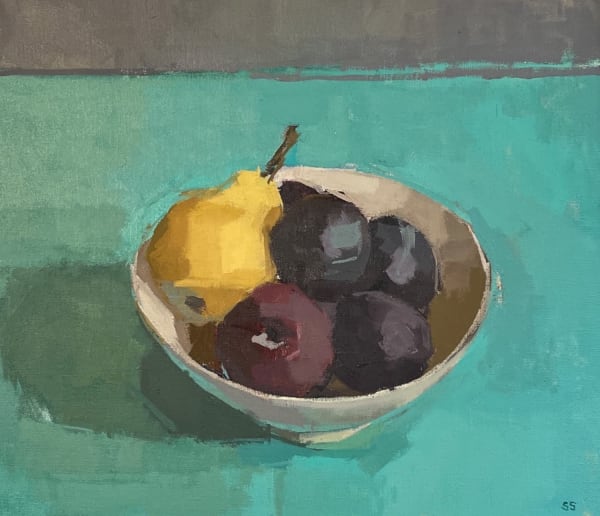 Sarah Spackman still life painting of fruit bowl with pear and plums on a teal green background