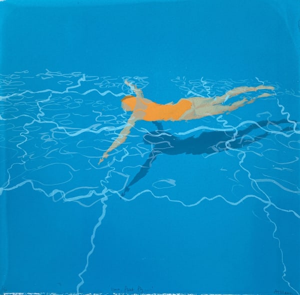 Anna Marrow screenprint of a woman swimming in an orange swimsuit in a blue pool