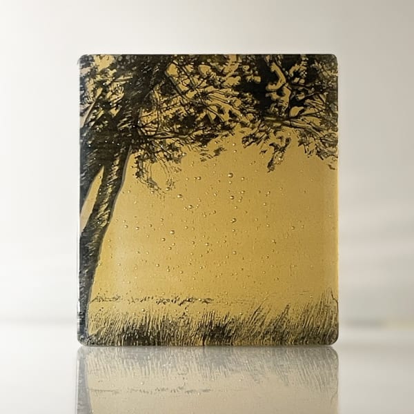 Helen Slater glass sculpture of an old oak tree in marigold and opaline glass