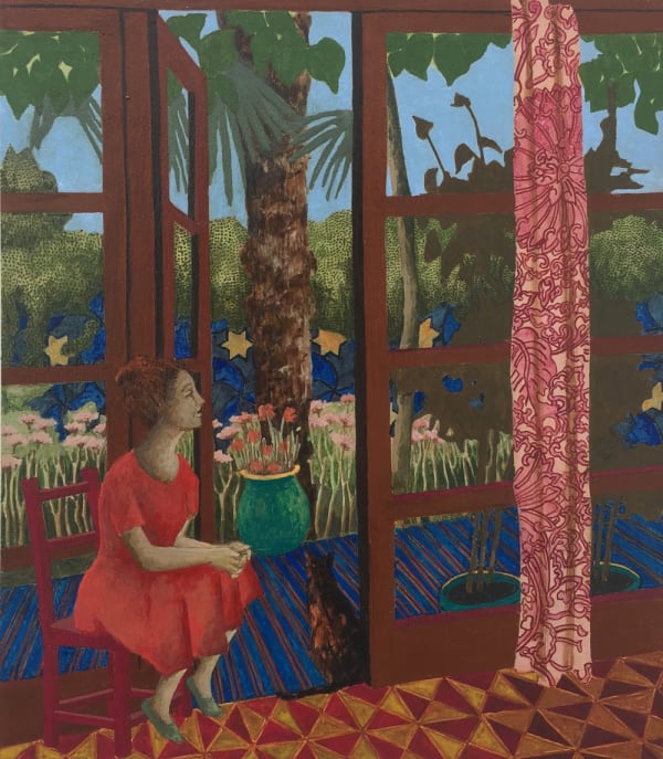 A painting by Kate Montgomery of a woman seated in a room by an open glass door leading out to a garden abundant with plants and flowers, the pattern of the floor and curtains carefully painted in reds and ochre yellow.