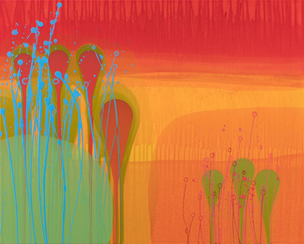Charlotte Cornish abstracted painting in reds, yellows, blues and greens