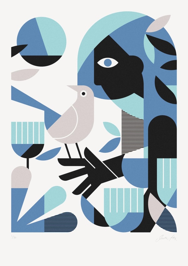 Jim Fox silkscreen print of a woman holding a dove, with abstracted shapes in blue and black.